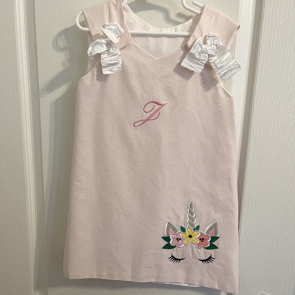 Monogram "J" Personalized Handmade Unicorn Peach Polka dot Unicorn Dress, 3T-4T